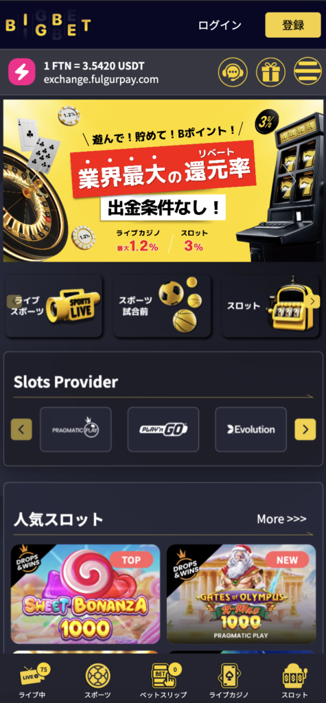 ビッグベットカジノ公式サイトスマホ画面